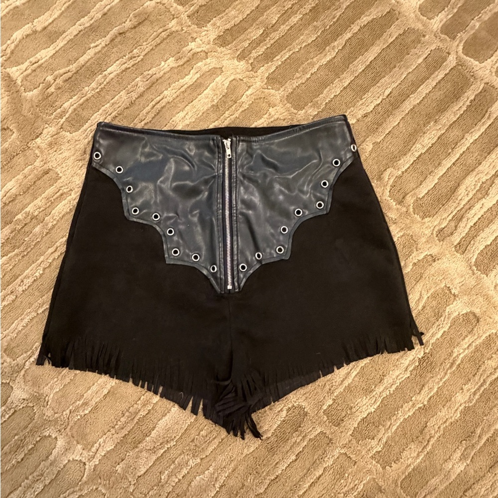 Black Leather Trim Women Shorts